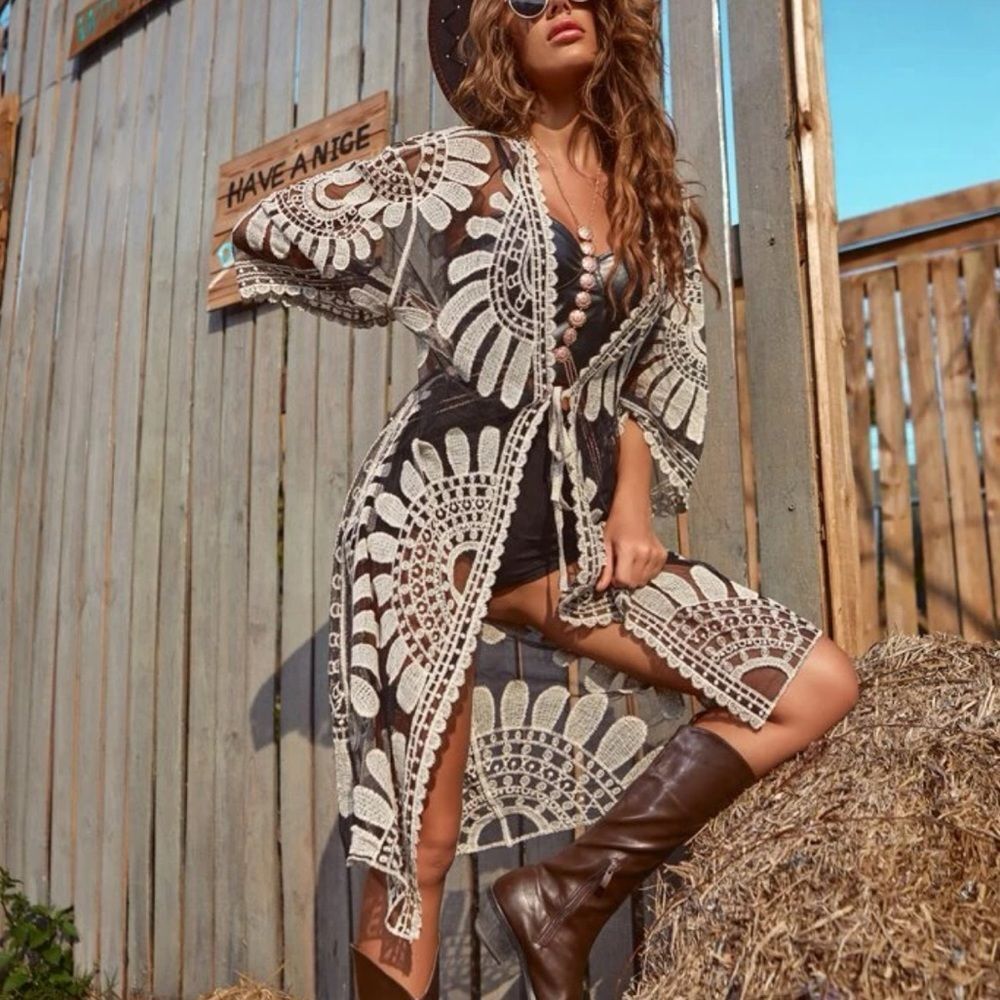 Western Boho Coastal Cowgirl Embroidered Scallop Lace Edge Mesh Tie Kimono - Picture 7 of 16